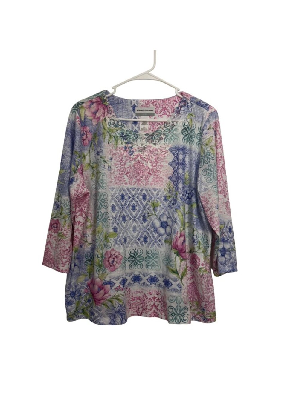 Alfred Dunner Petite Floral Patchwork Print 3/4 Sleeve Top SZ PXL